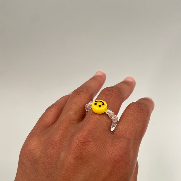 Handmade Trendy Y2K Inspired Smiley Face Glass Bead Stackable Stretch Ring - Picture 4 of 5
